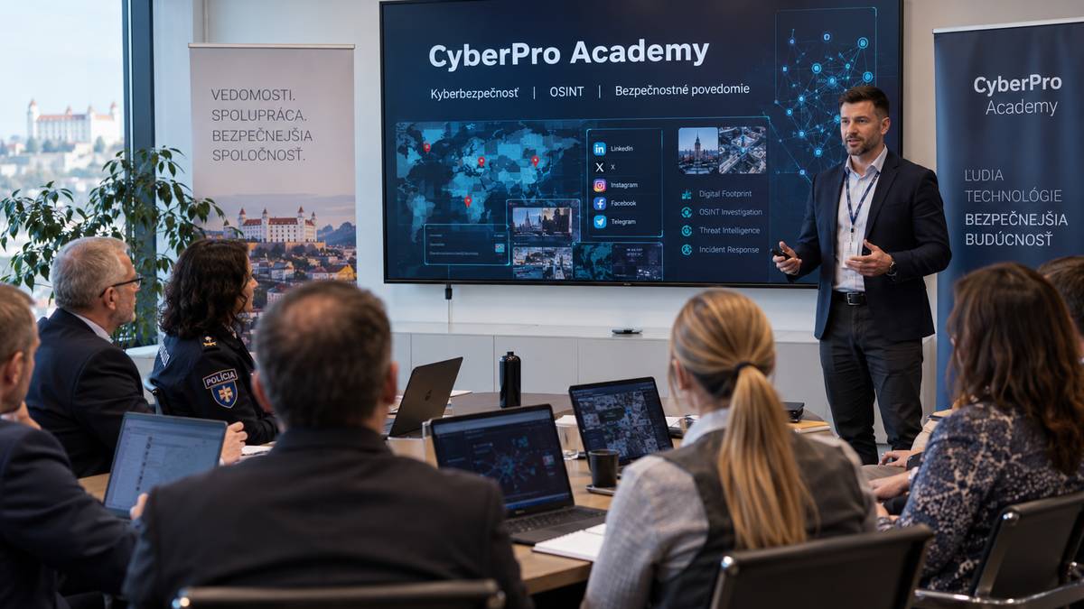 Školenie CyberPro Academy – lektor prezentuje kyberbezpečnosť a OSINT firemnému tímu a polícii, v pozadí Bratislavský hrad