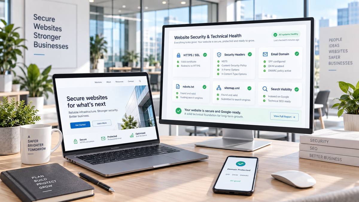 CyberPro Advisory – prehľad bezpečnostného a technického stavu firmy: HTTPS, bezpečnostné hlavičky, e-mailová doména a viditeľnosť vo vyhľadávaní