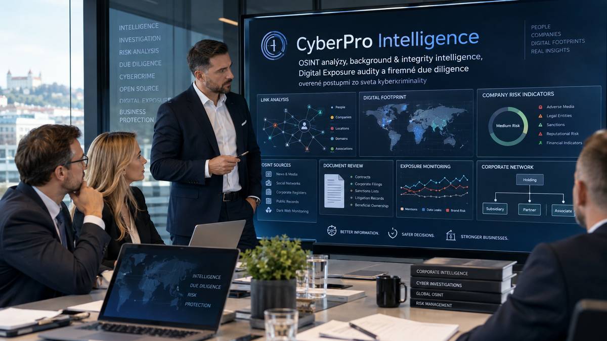 CyberPro Intelligence – OSINT analýza, digitálna stopa a rizikové indikátory firmy na obrazovke v zasadačke