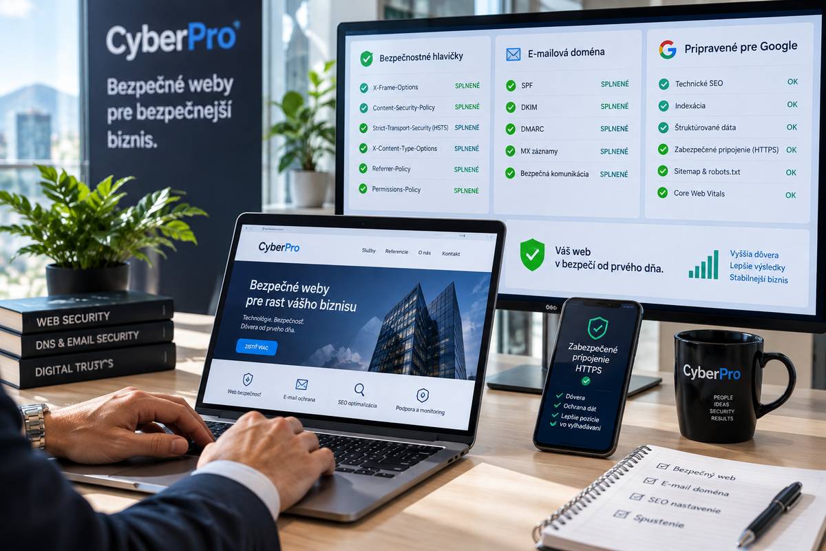 CyberPro Protect – kontrolný prehľad zabezpečenia: bezpečnostné hlavičky, chránená e-mailová doména a zabezpečené pripojenie HTTPS